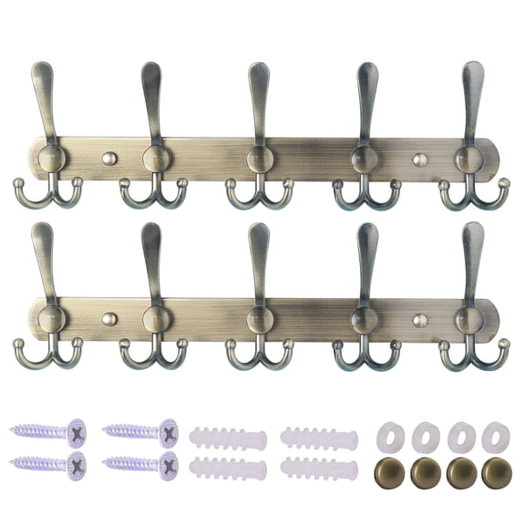 Wall Mounted Coat Rack - 5 Tri Hooks Heavy Duty Stainless Steel Metal Hook Rail For Hat Towel Purse Robes Mudroom Bathroom Entryway (bronze 2 Packs)