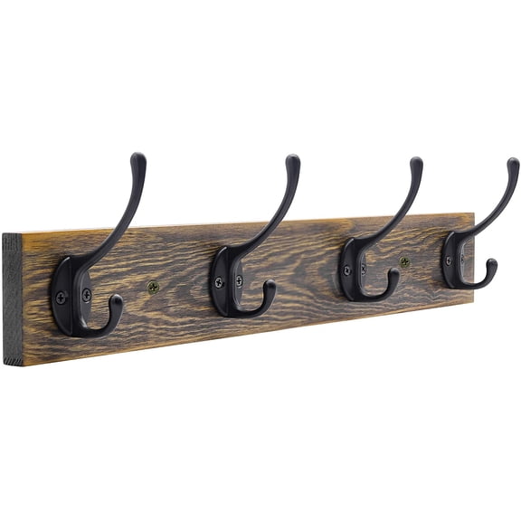 Wall Mounted Coat Rack, Entryway Hanging , Metal Wood Rack with 4 Black Literary Rustic Hooks Rail for Scarf, Bag, Towel, Key, Cap, Cup, Hat (Brown)