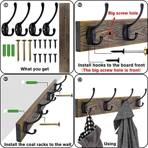 Wall Mounted Coat Rack, Entryway Hanging , Metal Wood Rack with 4 Black Literary Rustic Hooks Rail for Scarf, Bag, Towel, Key, Cap, Cup, Hat (Brown)