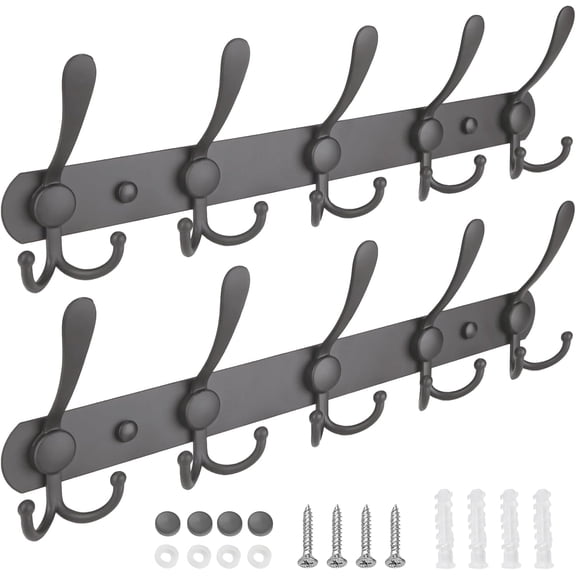 Wall Mounted Coat Rack, Five Heavy Duty Tri Hooks All Metal Construction for Jacket Coat Hat in Mudroom Entryway (Matte Black, 2-Pack)
