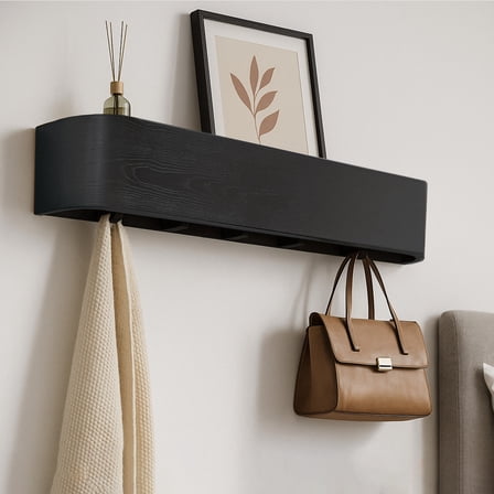 Wall-Mounted Coat Rack – Floating Wood Shelf with Hidden Hooks – Modern Entryway Organizer for Hallway or Closet (Black)