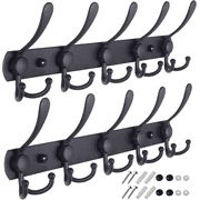Wall Mounted Coat Rack, Heavy Duty Stainless Steel Hook Rail with 5 Tri Hooks, Metal Coat & Towel Hooks for Bathroom, Entryway, Mudroom, Black, 2 Pack