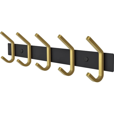Wall Mounted Coat Rack Hooks - 17.5 Inch Brushed Gold Stainless Steel Rack with 6 Double Hooks for Entryway Bathroom Bedroom Kitchen Towels Hats Coats