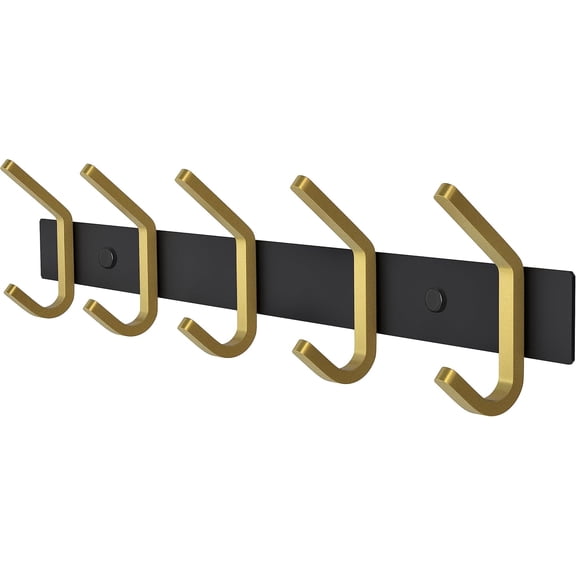 Wall Mounted Coat Rack Hooks - 17.5 Inch Brushed Gold Stainless Steel Rack with 6 Double Hooks for Entryway Bathroom Bedroom Kitchen Towels Hats Coats