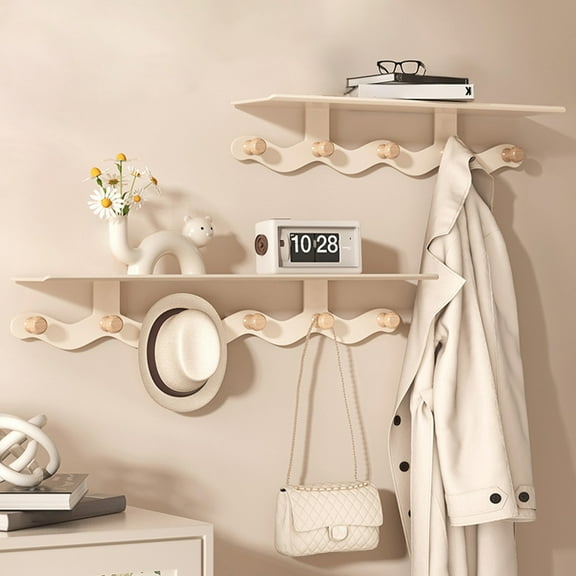 Wall Mounted Coat Rack Organizer | Alloy Wood Construction | 5 or 6 Hooks | Beige Finish | Multi-Purpose Storage for Entryway Kitchen Bathroom Bedroom | Heavy Duty Clothes Towel Hanger | 1 Piece
