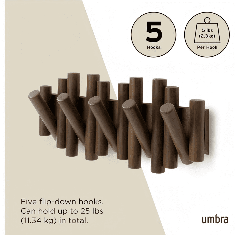 Wall-Mounted Coat Rack Rail Hook with 5 Retractable Wood Pegs – Modern ...