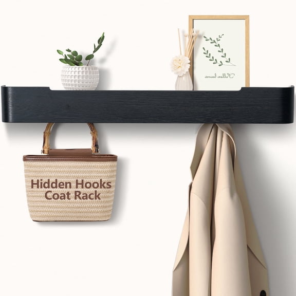 FKS LIFE Wall Mounted Coat Rack with Shelf Modern Coat Rack Wall Mount with Storage Entryway Shelf with 8 Hidden Metal Hooks for Living Room Bathroom Kitchen Bedroom