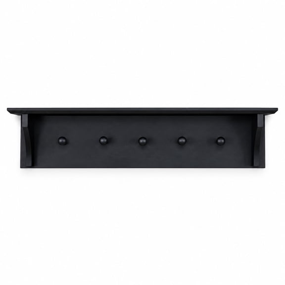 Wall Mounted Coat Rack and Floating Shelf with 5 Pegs, 24", Black Wood, for Entryway, Hallway, or Mudroom
