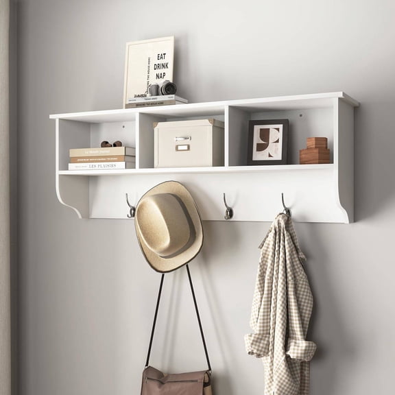 Wall Mounted Coat Rack with 3 Storage Cubbies and 4 Dual Hooks, White, MDF, 38.58 x 7.87 x 13.78 Inch