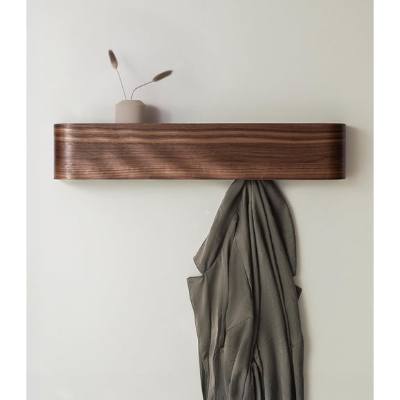 Wall-Mounted Coat Rack with 5 Hidden Hooks  Modern Solid Wood Veneer Panel in Walnut Matte Finish