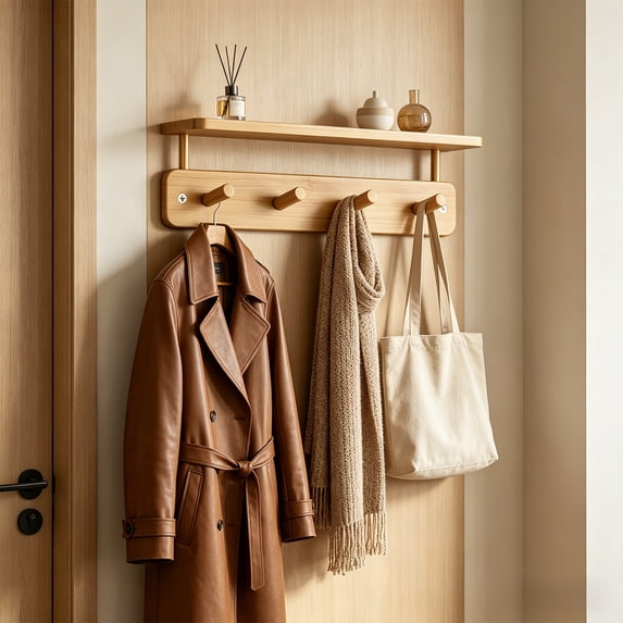 Wall Mounted Coat Rack with 6 Hooks, Wooden Towel and Clothes Hook Rack for Bathroom, Kitchen, Entryway and Living Room