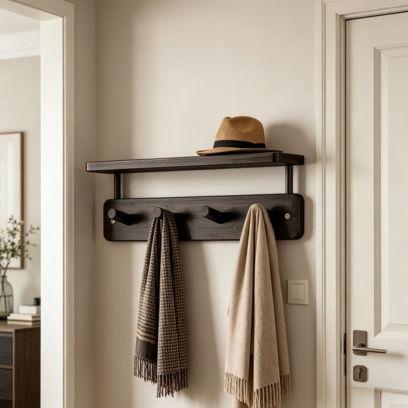 Wall Mounted Coat Rack with 6 Hooks, Wooden Towel and Clothes Hook Rack for Bathroom, Kitchen, Entryway and Living Room