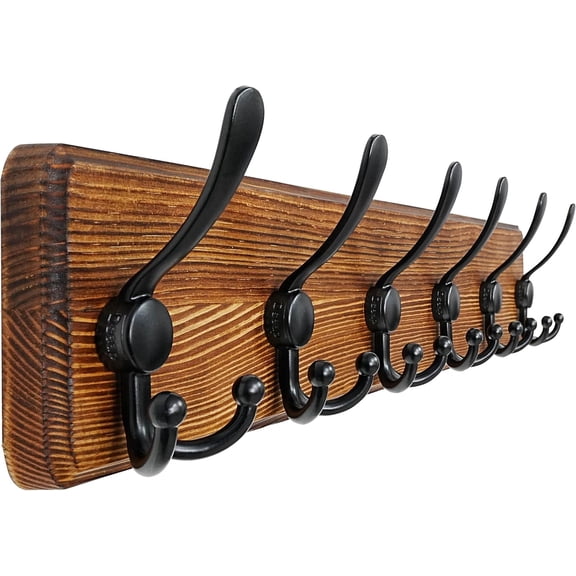 Wall-Mounted Coat Rack with 6 Tri Hooks 24 Inch Natural and Black Burnt Wood