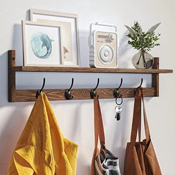 Wall Mounted Coat Rack with Adjustable Easy Install, Rust Proof, Brown Wooden Material, 28.9 Inch Length