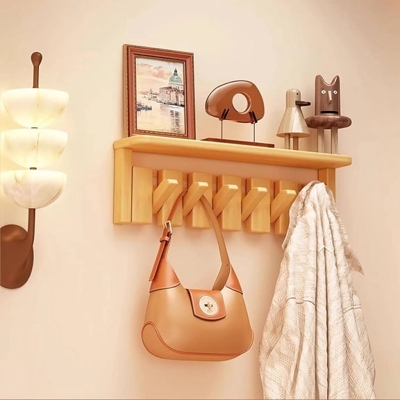 Wall-Mounted Coat Rack with Flip-Down Hooks, Natural Solid Wood (Beech & Walnut), 6 Hooks