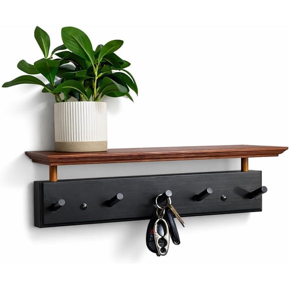Wall Mounted Coat Rack with Shelf, 18 Inch Solid Wood Peg Rail with 5 Hooks for Entryway, Bathroom or Bedroom (Pink)