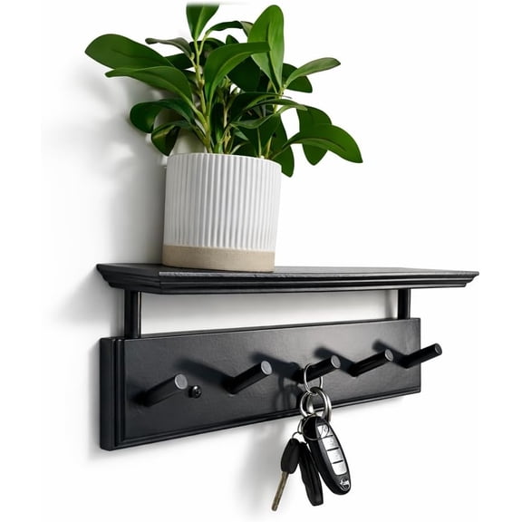 Wall Mounted Coat Rack with Shelf, 18 Inch Solid Wood Peg Rail with 5 Hooks for Entryway, Bathroom or Bedroom (Pink)