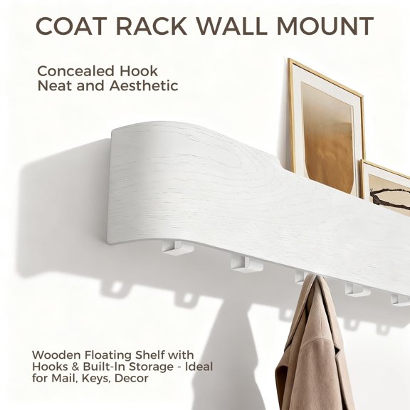 Wall Mounted Coat Rack with Shelf, Entryway Organizer with Hidden Hooks – Key Holder & Hanging Shelf for Hats, Bags & Coats