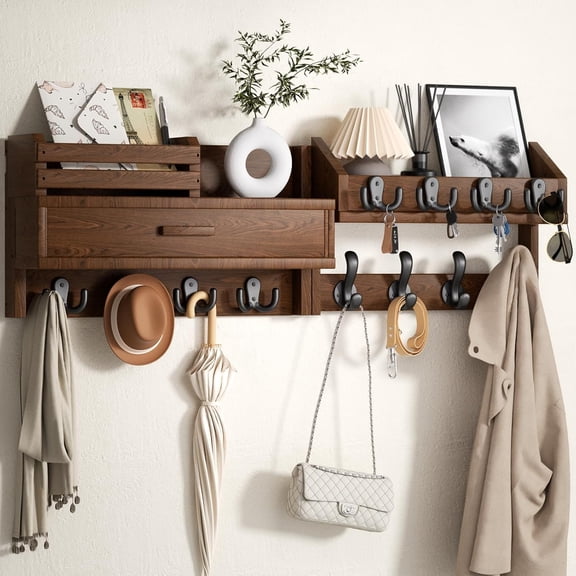 Wall Mounted Coat Rack with Shelf and Drawer, Solid Wood Entryway Organizer with 12 Hooks for Keys and Mail