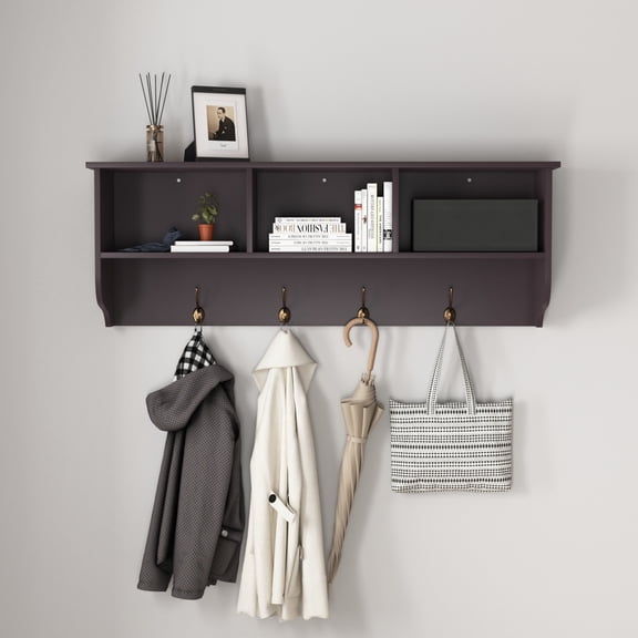 Wall Mounted Coat Rack with Storage Shelf, Entryway Hall Tree with 4 Dual Hooks, Wooden Wall Mounted Organizer for Living Room, Espresso