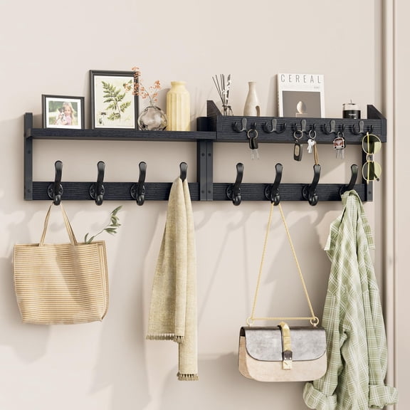 Wall Mounted Coat Rack with Top Shelf, 35 Inch Entryway Hanger with Hooks, Black, Wood & Metal Mail Key Organizer