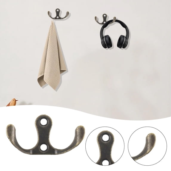 Wall Mounted Coat and Hat Hook Antique Brass Double Prong Design for Jackets Scarves Bags Towels Keys and Home Entryway Storage,wall hook,F,1PC