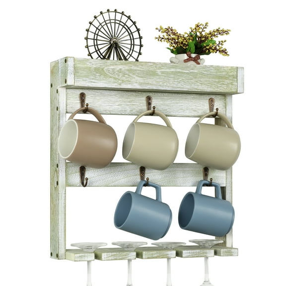 Wall Mounted Coffee Cup Holder with 6 Hooks and 4 Hanging Glasses, 3 Tier Wall Mounted Coffee Cup Holder, Green