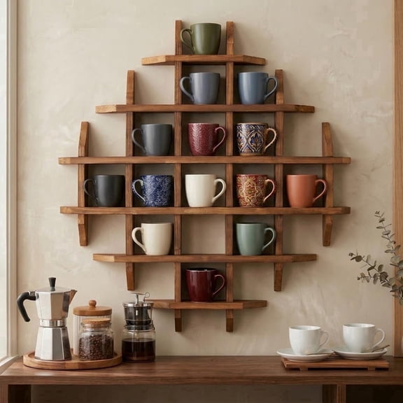 Wall Mounted Coffee Mug Holder for 30 Mugs: Wooden Mug Rack, Space Saving Coffee Bar Organizer, Walnut Finish