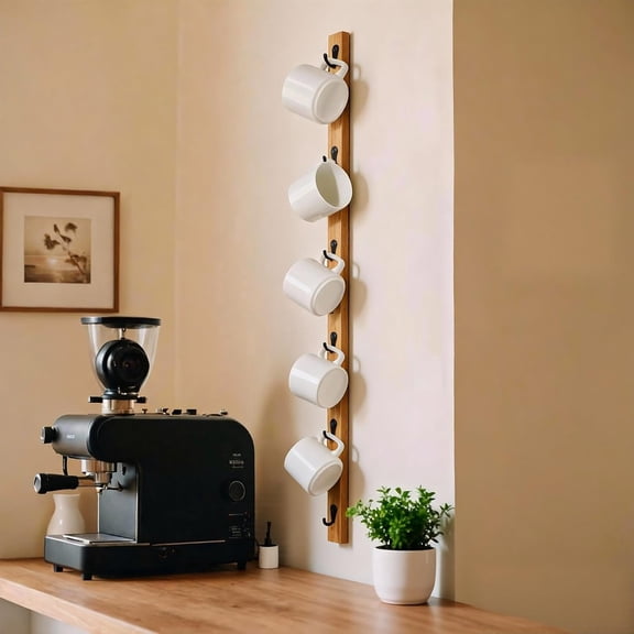 Wall-Mounted Coffee Mug Rack with 6 Hooks Solid Wood Vertical Rectangle Design Brown