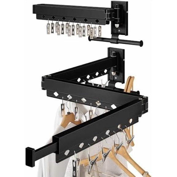 Wall Mounted Collapsible Clothes Drying Rack, Durable Space-Saving Laundry Drying Rack Clothing Hanger, Upgraded with Clips and Windproof Holes