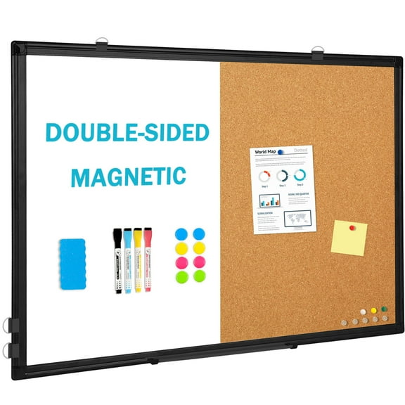 Wall-Mounted Combination Board White Board and Bulletin Board Cork Board Dry Erase Magnetic Whiteboard 24 X 18 Inches, Black Aluminium Frame