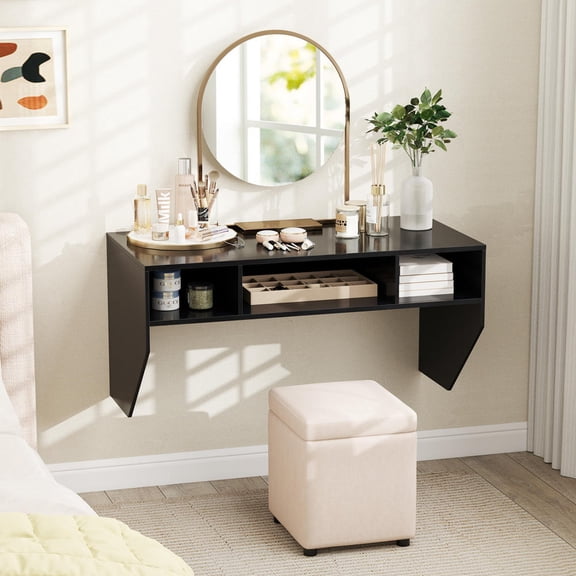 Wall-Mounted Computer Desk, Floating Laptop Desk, 3 Storage Compartments, Black