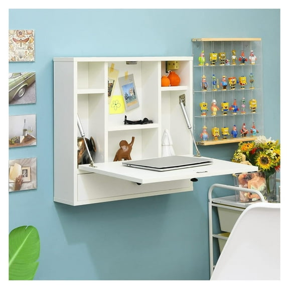 Wall Mounted Computer Desk w/Storage Drawer & Shelves, Compact Floating Table, Space Saving Table Fold Down, Wall Desks for Small Spaces (White)