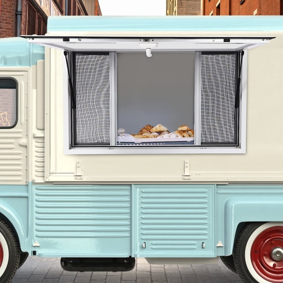 Wall-Mounted Concession Window for Food Trucks, 4 Sliding Mesh Screens, Pneumatic Rods, Aluminum Alloy with Awnings and Lock