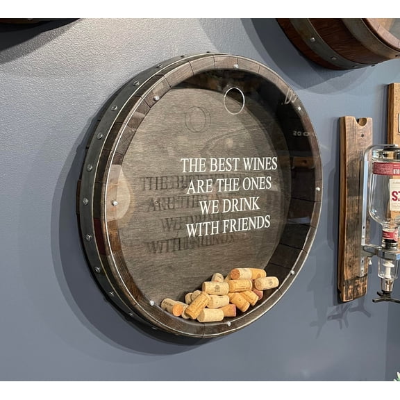 Wall Mounted Cork Holder Handcrafted from Reclaimed Oak Wine Barrels, 20" x 4", with Inscription