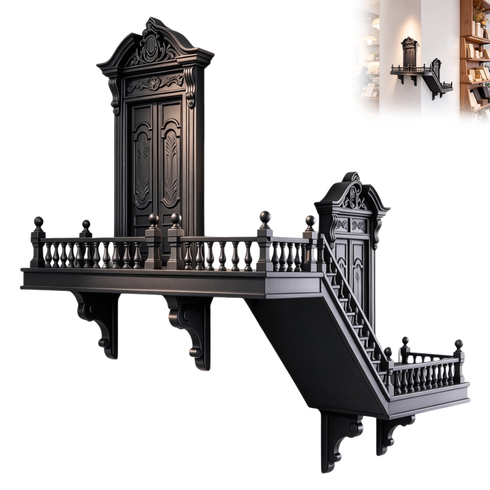 Wall Mounted Corner Bookshelf with Gothic Rails and Carved Details ...