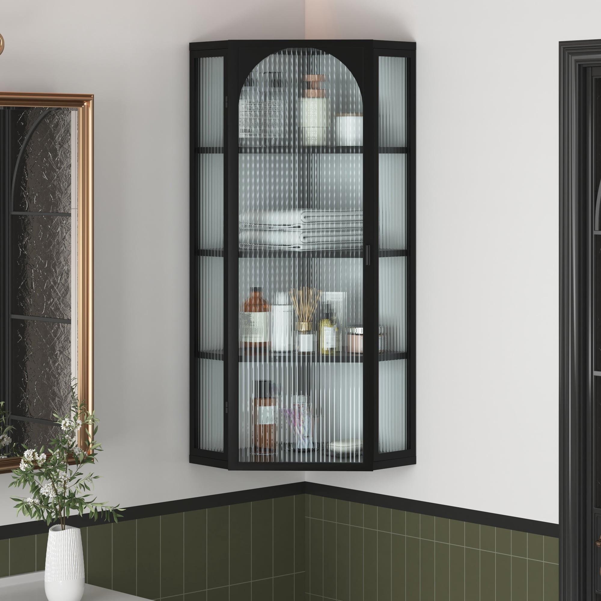 Wall Mounted Corner Cabinet 41.34 Inch, 4-Tier Glass Door Storage with Ribbed Glass and Metal Frame, Bathroom Organizer and Living Room Display Cabinet, Black
