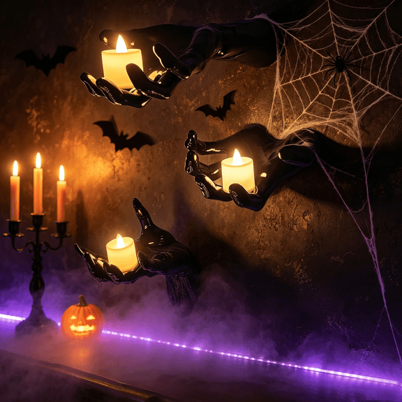 Wall Mounted Creepy Reaching Hands Set of 3, Life-Sized Horror Gothic Wall Decor with Candles for Haunted House Indoor/Outdoor, Candles not included(Q)