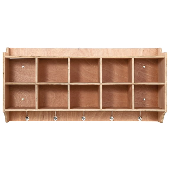 Wall-Mounted Cubby Storage Organizer, 10-Compartment Wooden Shelf with 5 Hooks, 47-Inch Natural Birch Plywood Entryway Locker for Classroom, Preschool, Daycare and Playroom