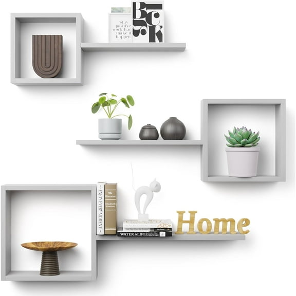 Wall Mounted Cube Shelves Set Of 6, Wooden Square Floating Shelves, Geometric Wall Decor For Bedroom, Living Room, Bathroom, Kitchen, Office, Grey