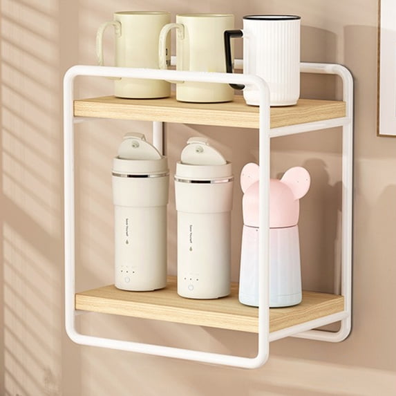 Wall Mounted Cup Storage Rack, No Punch Sundry Storage Cabinet with Iron Frame and Wood Shelves for Bathroom