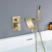 Wall Mounted Curvaceous Spout Bathtub Faucet 1-Handle with Handheld Showerhead Brushed Gold