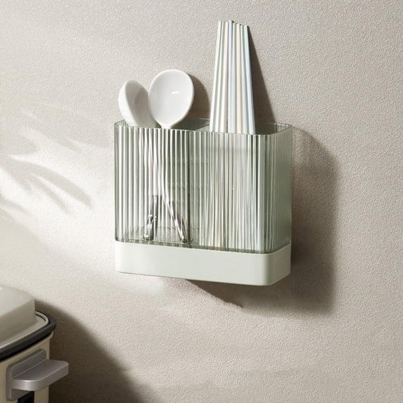 Wall Mounted Cutlery & Utensil Holder | Plastic Kitchen Organizer Rack with Drainage Tray | White, Coffee, or Green | 16x14x7.8cm
