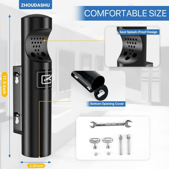 Wall Mounted Cylinder Cigarette Ashtray for Outside, Smokers Outpost, Black