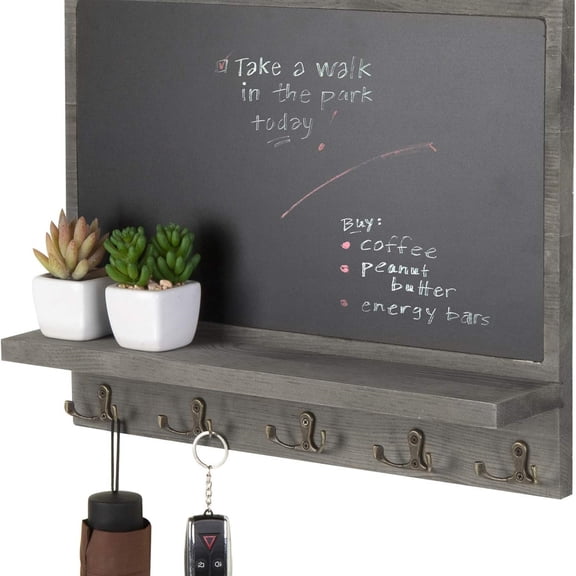 Wall Mounted Dark Gray Wood Framed Chalkboard Sign with Storage Display Shelf and 5 Dual-Prong Key Holder Hooks - Decorative Entryway Family Message Board