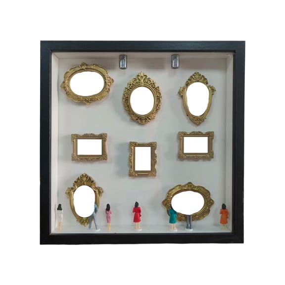 Wall Mounted Decorative Shadow Box Frame with Miniature Figurines and Ornate Rectangular Oval Mirrors Display