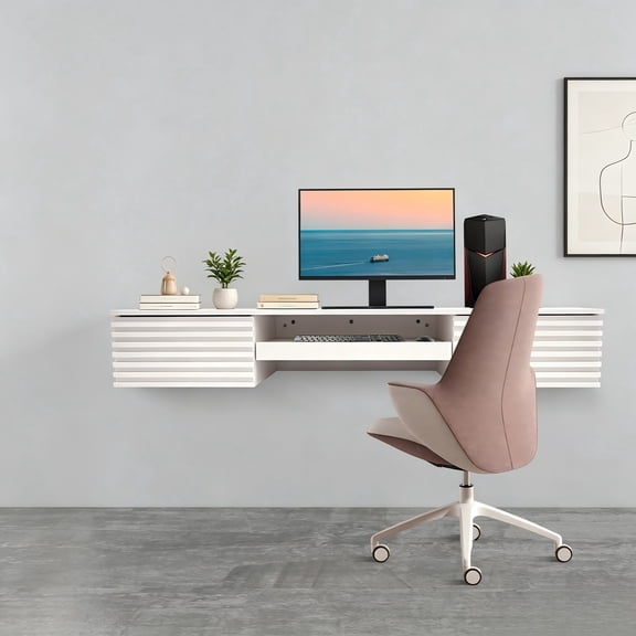 Wall Mounted Desk Floating Desk for Wall, Computer Desk Space Saving Laptop Office Home Table Workstation with 2 Pull Out Drawers & Keyboard Tray, Wall Desk for Small Spaces, White
