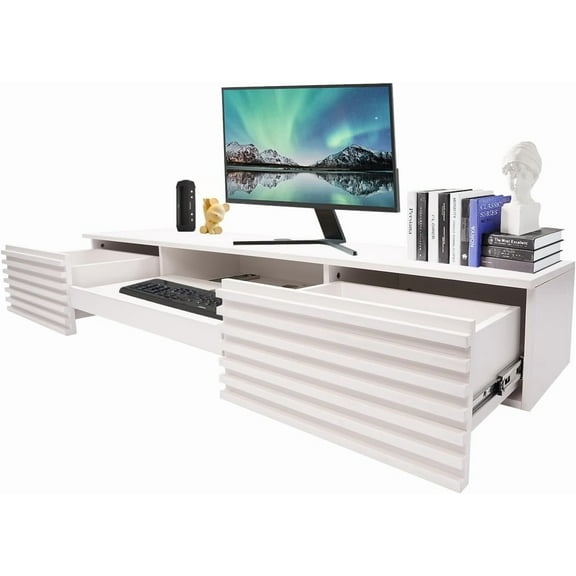 Wall Mounted Desk, Floating Wall Organizer with Pull Out Drawer, 15.5" D x 60" W x 9.5" H, Space-Saving Wall Organizer Computer Desk for Home Office (White)