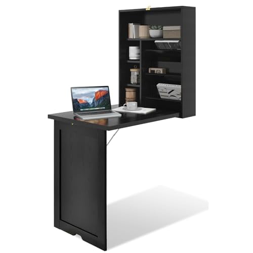 Wall Mounted Desk, Fold Out Convertible Desk with Storage Shelves, Space Saving Wall Folding Table, Home Office Floating Desks for Small Spaces (Black)