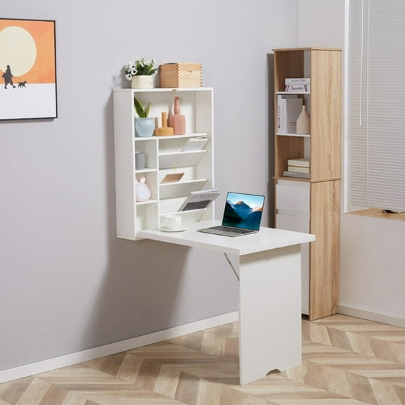 Wall Mounted Desk, Fold Out Convertible Floating Desk with Storage Compartment, Multi-Function Storage Furniture Murphy Computer Desk for Home, Office, Space Saving, White